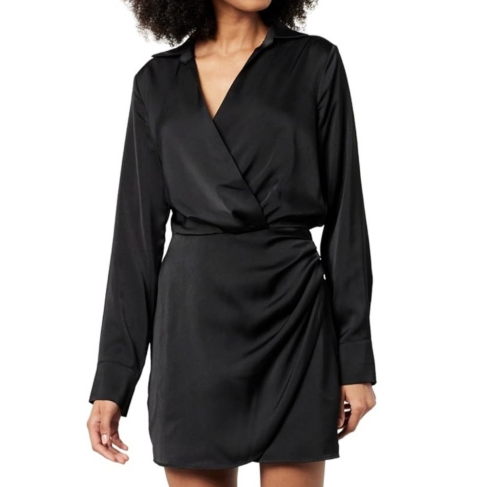 Abercrombie & Fitch Satin Long Sleeve Mini Dress Vneck Womens XL Black NWT Goth
